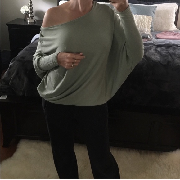 Soft Red Knit Dolman sleeve on off shoulder top - Picture 2 of 6